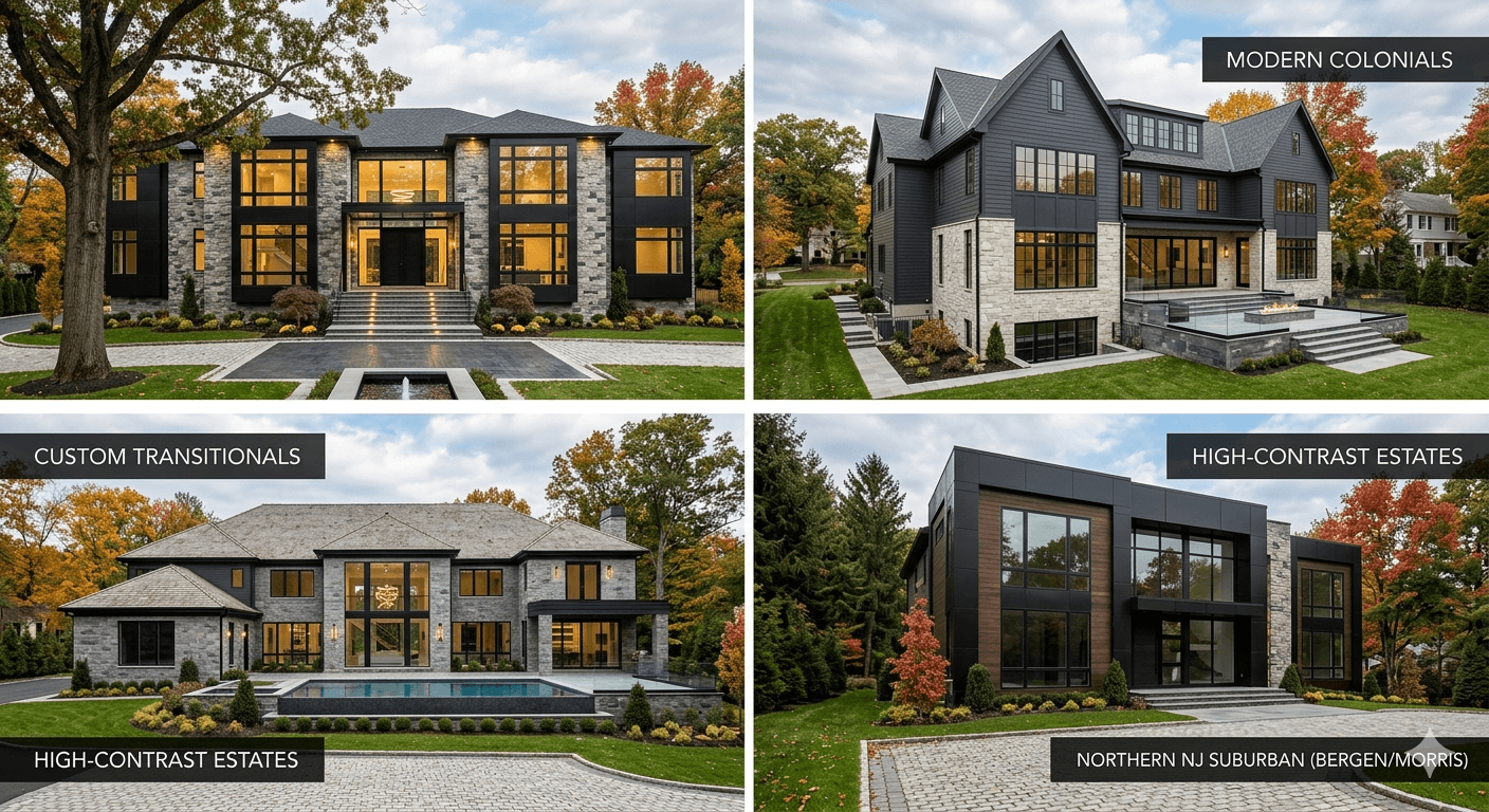 Showcase of finished New Jersey homes — modern colonials, custom transitionals and high-contrast estates by A&E Exteriors LLC